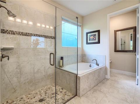 Master bathroom with semi frameless shower with stone mosaics floor tile and tub.