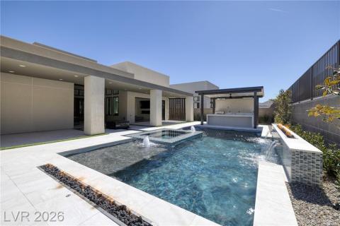 Pool/Spa with 2 linear fire features and lounging step Pool/Spa with 2 linear fire features and lounging step